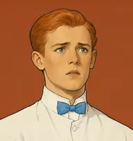Illustrated portrait of Albert Mace: about 20, ginger hair, slicked down with a cowlick, a white chemist's coat with a sky-blue bow tie