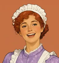Illustrated portrait of Annie: about 20, coppery-red hair in a bun beneath a cap, a lilac print dress with white apron