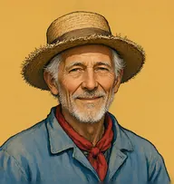 Illustrated portrait of Auguste: about 72, sparse white wisps, faded blue canvas smock with a red neckerchief