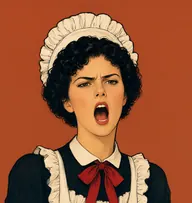 Illustrated portrait of Célestine: about 28, jet-black, tight curls, a black maid's dress with a scarlet neck ribbon