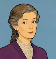Illustrated portrait of Caroline: about 52, light brown hair streaked with grey, in a low plaited coil, plum wool cardigan over a high lace collar