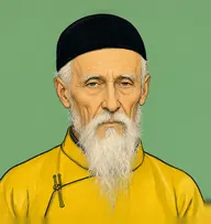 Illustrated portrait of Chang Yen: about 68, sparse white wisps under a black skullcap, imperial-yellow silk mandarin robe