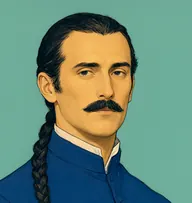 Illustrated portrait of Chinaman: about 40, black, with a long braided pigtail, neat but shabby indigo-blue high-collared jacket