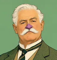 Illustrated portrait of Colonel Kingston Bruce: about 60, white, thinning, brushed over, heather-green tweed jacket with a buff waistcoat
