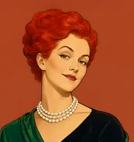 Illustrated portrait of Countess Vera Rossakoff: about 38, glossy flame-red, swept up in waves, black gown with an emerald-green velvet wrap