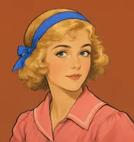 Illustrated portrait of Cynthia Murdoch: about 22, wavy golden-blonde hair, bobbed and tied with a ribbon, a coral-pink cotton blouse with a sailor collar