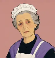 Illustrated portrait of Dorcas: about 62, grey hair in a tight bun beneath a cap, a black dress with a lavender shawl and white apron straps