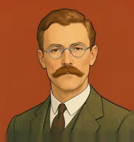 Illustrated portrait of Dr. Burton: about 45, light brown, short, neat, tweed jacket in olive-green with a white collar