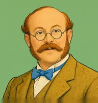 Illustrated portrait of Dr. Hall: about 52, balding on top with russet-ginger tufts at sides, a mustard-yellow tweed suit with a sky-blue bow tie