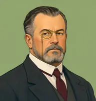 Illustrated portrait of Dr. Ridgeway: about 50, dark brown streaked grey, short and brushed back, charcoal frock coat with a stiff white collar and a maroon tie