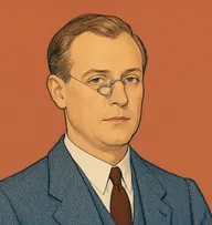Illustrated portrait of Dr. Sheppard: about 45, sandy-brown thinning hair, neatly combed, heather-blue tweed jacket with a rust knit tie