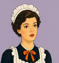Illustrated portrait of Elise: about 29, dark brown, tidy bun, black maid's dress with a crisp white apron and a tangerine ribbon