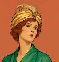 Illustrated portrait of Elsa Hardt: about 32, vivid copper-auburn in a loose coil, an emerald silk kimono-style gown