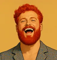 Illustrated portrait of Estcourt: about 33, fiery red, short and curly, checked sports jacket in cobalt-and-fawn tweed