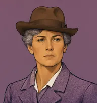 Illustrated portrait of Evelyn Howard: about 40, short iron-grey hair under a hat, practical bun, a heather-purple tweed jacket with a plain white collar