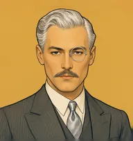 Illustrated portrait of Felix Laon: about 42, silver-white, oiled and swept back, pinstriped suit with a silver-grey silk tie