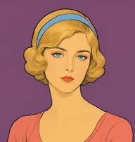 Illustrated portrait of Flora Ackroyd: about 25, golden-blond bobbed hair with a wave, coral-pink crepe frock with a scooped neck