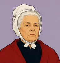 Illustrated portrait of Françoise: about 68, white, pulled into a tight bun, black dress with a crimson wool shawl