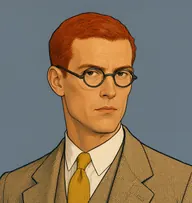 Illustrated portrait of Gabriel Stonor: about 38, copper-red, cropped short, tan tweed suit with a mustard-yellow knit tie