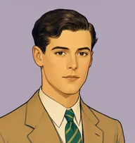 Illustrated portrait of Harvey: about 26, dark brown, wavy, side-parted, light-brown suit with a striped club tie in green