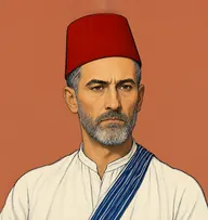 Illustrated portrait of Hassan: about 55, close-cropped black-and-grey stubble under headwear, a white galabeya with an indigo striped sash