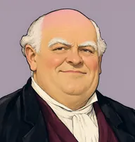 Illustrated portrait of Heavywether: about 58, bald pink crown with a white fringe, wig off, a black silk gown with white bands and a claret waistcoat