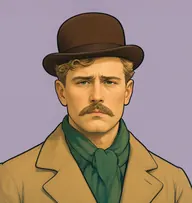 Illustrated portrait of Inspector Davis: about 35, wavy sandy-blond hair, side-parted, tan overcoat with a bottle-green scarf