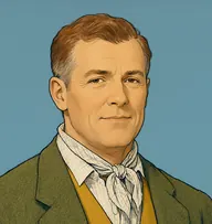 Illustrated portrait of John Cavendish: about 45, short auburn hair greying at the temples, a moss-green tweed jacket with a mustard waistcoat