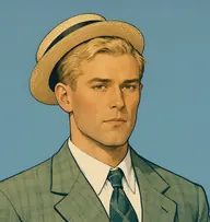 Illustrated portrait of Julius Hersheimmer: about 35, short, crisp blond hair parted at the side, a checked sage-green American-cut suit with a wide lapel