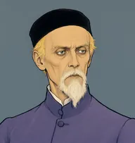 Illustrated portrait of Kramenin: about 60, bald crown with sparse yellowed-white fringe over the collar, a slate-violet high-buttoned coat