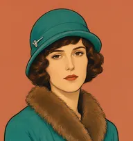 Illustrated portrait of Lois Hargreaves: about 30, glossy chestnut, waved bob, teal coat with a fox-fur collar