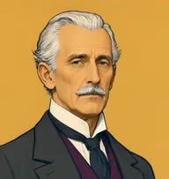 Illustrated portrait of Lord Estair: about 62, silver-white, swept back from a high forehead, a charcoal frock coat with a plum waistcoat
