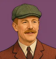 Illustrated portrait of Lord Yardly: about 45, sandy-ginger, cropped short, a russet tweed shooting jacket
