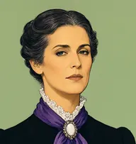 Illustrated portrait of Madame Daubreuil: about 45, dark with grey streaks, smooth centre-parted bun, black dress with a violet silk scarf