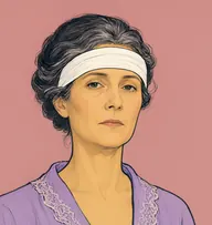 Illustrated portrait of Madame Renauld: about 50, silver-streaked dark hair in a loose chignon, lilac dressing-gown with lace trim