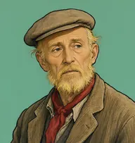 Illustrated portrait of Manning: about 63, sparse nicotine-yellow wisps, balding, a faded corduroy jacket with a red neckerchief