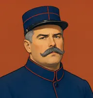 Illustrated portrait of Marchaud: about 35, cropped steel-grey bristle, dark-blue uniform with red piping