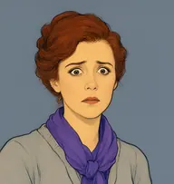 Illustrated portrait of Mary Chilcott: about 40, russet-auburn, pinned back, wispy, dove-grey cardigan with a violet scarf