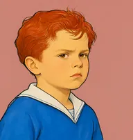 Illustrated portrait of Micky: about 9, tousled copper-red, cowlick, bright blue jersey with a white sailor collar