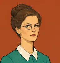 Illustrated portrait of Miss Martin: about 32, mousy brown, tight bun, teal-green blouse with a starched white collar