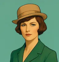 Illustrated portrait of Miss Violet Marsh: about 30, chestnut, short bob, a forest-green tailored jacket