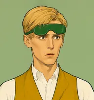 Illustrated portrait of Mr. Harper: about 25, straw-blond, straight, flopping, a white shirt with a mustard waistcoat