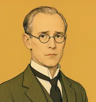 Illustrated portrait of Mr. Ingles: fine fair hair, receding at the temples, olive-green tweed suit with a wing collar