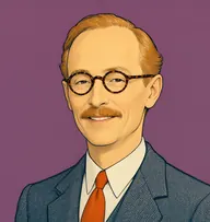 Illustrated portrait of Mr. McNeil: about 50, sandy-ginger, receding, side-combed, slate-blue tweed with an orange tie