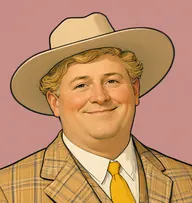 Illustrated portrait of Mr. Ryder: about 45, straw-blond, wavy, under the hat, loud checked suit in bright tan with a canary-yellow tie