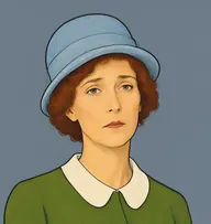 Illustrated portrait of Mrs. Folliott: faded auburn-red hair in a loose knot, moss-green wool dress with a rounded white collar
