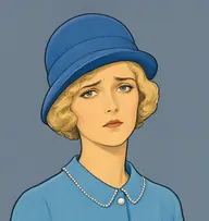Illustrated portrait of Mrs. Halliday: about 30, pale golden blond, waved bob, powder-blue jumper with a pearl-button collar