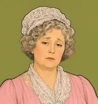 Illustrated portrait of Mrs. Kingston Bruce: about 56, faded blond going grey, fussy curls, shell-pink tea-gown with a lace fichu