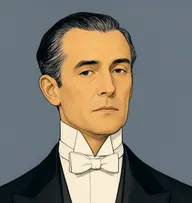 Illustrated portrait of Parker: about 50, thin slicked-back black hair going grey at the temples, black tailcoat with a stiff white wing collar and white bow tie