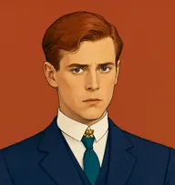 Illustrated portrait of Philip Ridgeway: about 31, auburn, crisp, parted on the left, a navy business suit with a teal tie